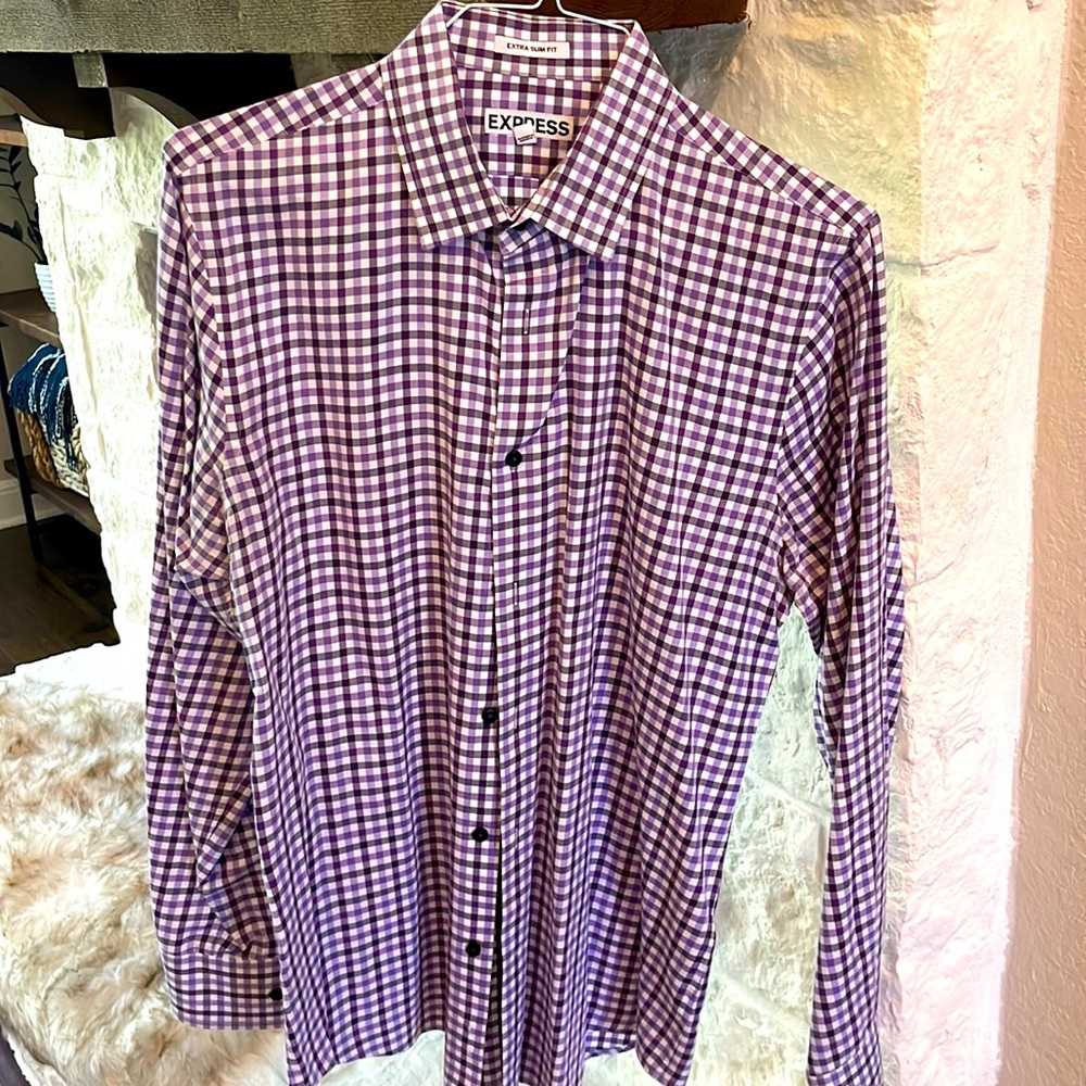 EXPRESS MENS PURPLE PLAID 1MX DRESS SHIRT SIZE L 16- 16.5